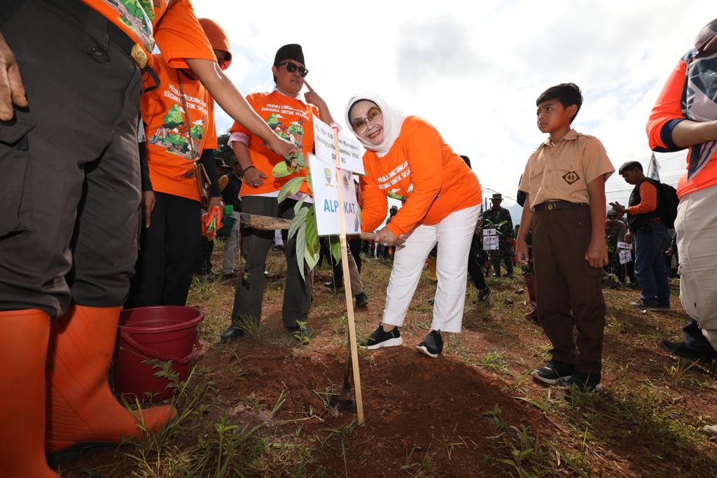 Anggota Komisi VIII DPR RI, Hj. Itje Siti Dewi Kuraesin menanam bibit pohon alpukat dalam kegiatan Pemulihan Pascabencana Longsor Melalui Penanaman 1.000 Pohon Pada Kegiatan Budaya Sadar Bencana di Desa Cihanjuang, Kecamatan Cimanggung, Kabupaten Sumedang, Jawa Barat, Minggu (10/7).